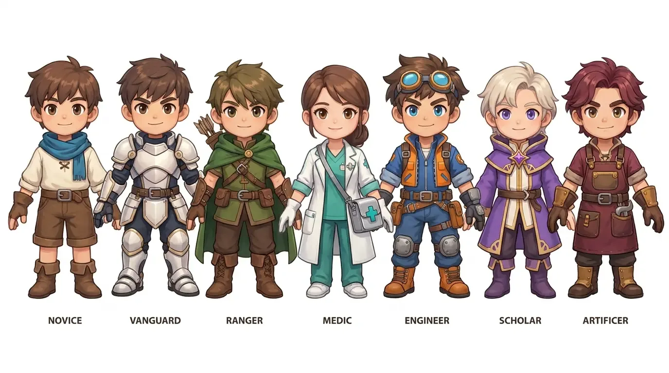 ตัวละครเจ็ดแบบเรียงกัน Novice Vanguard Ranger Medic Engineer Scholar และ Artificer